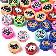 Handmade Polymer Clay Beads, Flat Round with Eye, Mixed Color, 9~10x4~4.5mm, Hole: 1.6mm(CLAY-SZ0002-05)