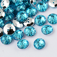 2-Hole Taiwan Acrylic Rhinestone Flat Round Buttons, Faceted & Silver Plated Pointed Back, Deep Sky Blue, 10x4mm, Hole: 1mm(BUTT-F015-10mm-25)