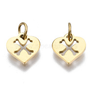 304 Stainless Steel Charms, with Jump Rings, Laser Cut, Heart with Bone, for Halloween, Real 14K Gold Plated, 8x8x1mm, Jump Ring: 3.8x0.6mm, 2.6mm inner diameter(STAS-S116-401G)