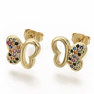 Brass Micro Pave Colorful Cubic Zirconia Stud Earrings, with Earring Backs, Butterfly, Real 16K Gold Plated, 9x10.5mm, Pin: 0.7mm(EJEW-S208-043)