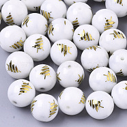 Christmas Opaque Glass Beads, Round with Electroplate Christmas Tree Pattern, Golden Plated, 10mm, Hole: 1.2mm(EGLA-R113-02C)
