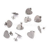 304 Stainless Steel Stud Earring Findings, with Ear Nuts, Textured Heart, Stainless Steel Color, 12x13mm, Hole: 1.5mm, Pin: 0.7mm(STAS-I183-08B-P)