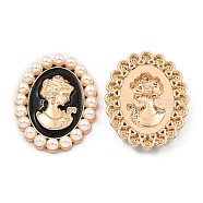 Zinc Alloy Enamel Cabochons, with Plastic Imitation Pearls, Oval with Woman, Light Gold, Black, 53x42x7.5mm(ENAM-Q501-01LG-04)