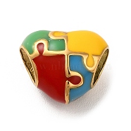 Ion Plating(IP) 304 Stainless Steel Enamel European Beads, Large Hole Beads, Heart with Puzzle Pattern, Golden, 10.5x12.5x8.5mm, Hole: 4.5x5mm(STAS-G308-25G)