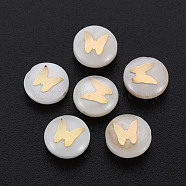 Natural Freshwater Shell Beads, with Golden Plated Brass Metal Embellishments, Flat Round with Butterfly, Seashell Color, 8x3.5mm, Hole: 0.7mm(SHEL-S278-064)