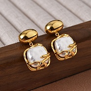 Brass Dangle Earring, with Plastic Pearl, Stud Earring for Women, Square, Real 22K Gold Plated, 25x15mm(EJEW-L288-003G)