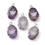 Natural Amethyst Oval Pendants, Platinum Plated Brass Oval Charms with Butterfly, 22~22.5x13~13.5x4.5mm, Hole: 1.6~1.8mm(G-C102-07P-03)