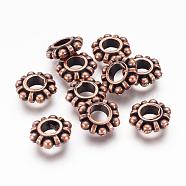 Alloy Beads Spacers, Cadmium Free & Nickel Free & Lead Free, Flower, Red Copper, 11x4mm, Hole: 5mm(PALLOY-5541-R-NR)
