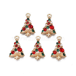 Rack Plating Alloy Pendants, with Colorful Rhinestone and ABS Plastic Imitation Pearl, Cadmium Free & Nickel Free & Lead Free, Christmas Tree, Light Gold, 21x12.5x3.5mm, Hole: 1.5mm(X-PALLOY-N164-157)