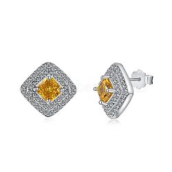 Rhombus 925 Sterling Silver Micro Pave Cubic Zirconia Stud Earrings for Woman, Real Platinum Plated, 11x11mm(EJEW-F350-04P)