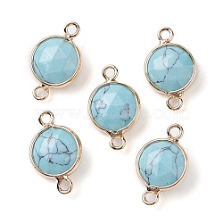 Synthetic Turquoise Connector Charms, Faceted Flat Round with Golden Plated Brass Frame, 16.5x10.5x5mm, Hole: 1.5mm(G-C102-09A-G)