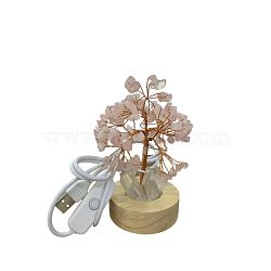 Natural Rose Quartz Chips Tree Night Light Lamp Decorations, Wooden Base with Copper Wire Feng Shui Energy Stone Gift for Home Desktop Decoration, Lamp with USB Cable, 120mm(PW-WG63079-02)