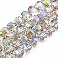 Electroplate Transparent Glass Beads Strands, Faceted, Round, Dark Orchid, 9.5x8.5mm, Hole: 1.5mm, about 65~70pcs/strand, 22.05 inch~23.62 inch(56~60cm)(EGLA-N002-30-C02)