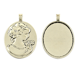 Tibetan Style Alloy Pendant Cabochon Settings, Oval with Woman Portrait on the Reverse Side, Cadmium Free & Nickel Free & Lead Free, Antique Silver, Tray: 40x29mm, 51x32x6mm, Hole: 6x3mm(TIBEP-5342-AS-FF)