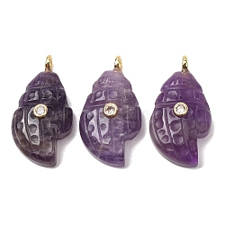 Natural Amethyst Carved Pendants, Conch Shape Charms with Brass Micro Pave Clear Cubic Zirconia Findings, Golden, 30~32x16~17x7~9mm, Hole: 3mm(G-H357-05G-06)