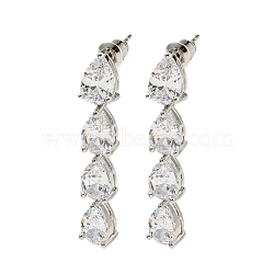 Rack Plating Platinum Tone Brass Cubic Zirconia Studs Earrings for Women, Teardrop, Clear, 41x7mm(EJEW-H310-01P-05)