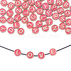 Alloy Enamel Beads, Flat Round with Letter, Light Gold, Hot Pink, 8x3.5mm, Hole: 1.4mm, 50pcs/box(ENAM-CJ0001-96C)