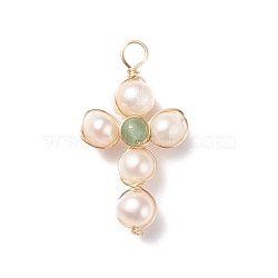 Natural Green Aventurine & White Freshwater Pearl Pendants, with Real 18K Gold Plated Copper Wire Wrapped, Cross, 31.5x17.5x7mm, Hole: 3.1mm(PALLOY-JF01660-02)