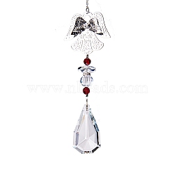 Glass Teardrop Pendant Decorations, with Metal Angel Link, Hanging Suncatchers Garden Decorations, Red, 350mm(PW-WG80988-03)