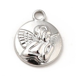 304 Stainless Steel Pendants, Flat Round with Angel, Stainless Steel Color, 19x15x3.5mm, Hole: 2.5mm(STAS-P312-08P)