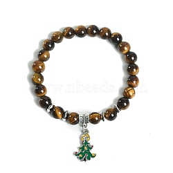 Christmas Theme Natural Tiger Eye Stretch Bracelets, Alloy Enamel Christmas Tree Charm Bracelets for Women, 6-3/4 inch(17cm), 8mm(PW-WG72984-06)