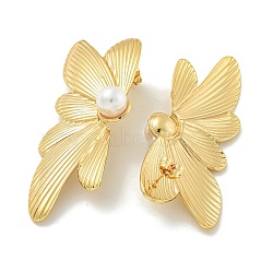 Ion Plating(IP) 304 Stainless Steel & ABS Plastic Pearl Stud Earrings, Polished, Flower, Golden, 60x25mm(EJEW-G400-20B-G)