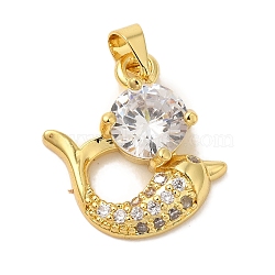 Rack Plating Brass Micro Pave Cubic Zirconia Pendants, Cadmium Free & Lead Free, Long-Lasting Plated, Fish, Real 18K Gold Plated, 20x19x5mm, Hole: 4x5mm(KK-L220-010G)