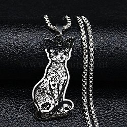 304 Stainless Steel Enamel Sphynx Cat Pendant Necklaces, Box Chains Necklaces for Women Men, Stainless Steel Color, 19.53 inch(49.6cm)(NJEW-G115-08P)