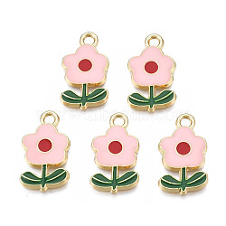 Eco-Friendly Zinc Alloy  Pendants, with Enamel, Flower, Cadmium Free & Nickel Free & Lead Free, Golden, Pink, 19.5x11x2.5mm, Hole: 2mm(X-ENAM-R051-12-03G-NR)