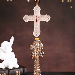 Cross with Tassel Glass Pendant Decorations, for Interior Car Mirror Hanging Decorations, Pink, 320mm(AUTO-PW0001-22F)