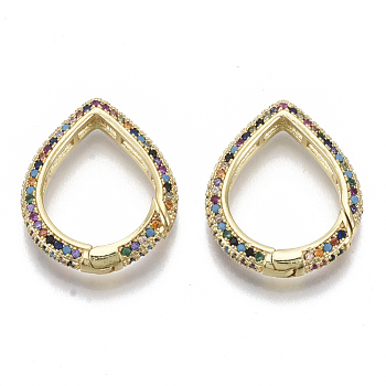 Brass Micro Pave Cubic Zirconia Spring Gate Rings, Nickel Free, Teardrop, Real 16K Gold Plated, Colorful, 26.5x21x4mm, Inner Diameter: 20x15mm