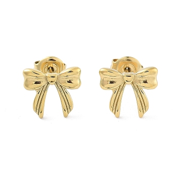 304 Stainless Steel Stud Earrings, Bowknot, Real 14K Gold Plated, 10.5x12mm