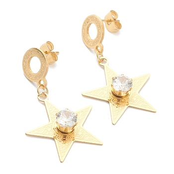 Ion Plating(IP) 304 Stainless Steel Dangle Stud Earrings, with Rhinestone and Ear Nuts, Star, Golden, 38mm, Pin: 0.8mm