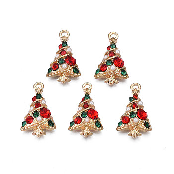 Rack Plating Alloy Pendants, with Colorful Rhinestone and ABS Plastic Imitation Pearl, Cadmium Free & Nickel Free & Lead Free, Christmas Tree, Light Gold, 21x12.5x3.5mm, Hole: 1.5mm