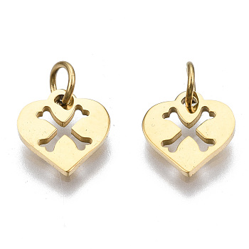 304 Stainless Steel Charms, with Jump Rings, Laser Cut, Heart with Bone, for Halloween, Real 14K Gold Plated, 8x8x1mm, Jump Ring: 3.8x0.6mm, 2.6mm inner diameter