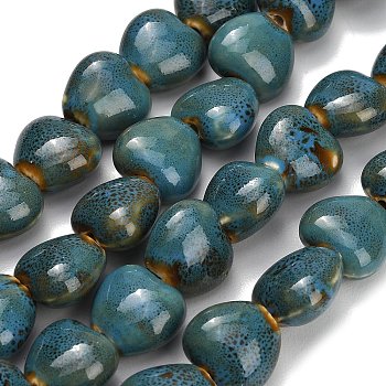Vintage Handmade Porcelain Beads Strands, Fancy Antique Glazed Porcelain, Heart, Dark Cyan, 15x16x9.5~10mm, Hole: 1.8~2mm, about 25pcs/strand, 14.57''(37cm)