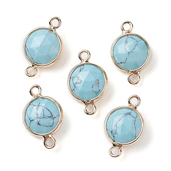 Synthetic Turquoise Connector Charms, Faceted Flat Round with Golden Plated Brass Frame, 16.5x10.5x5mm, Hole: 1.5mm