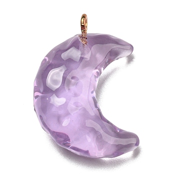 Transparent Resin Moon Pendants, Crescent Moon Charms with Light Gold Plated Iron Loops, Medium Purple, 28x20x9.5mm, Hole: 1.8mm