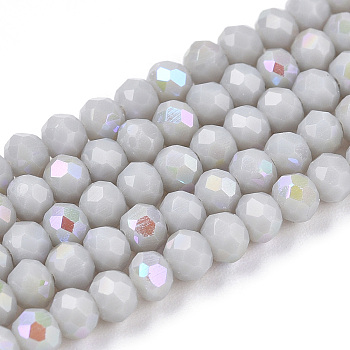 Electroplate Opaque Solid Color Glass Beads Strands, Half Rainbow Plated, Faceted, Rondelle, Light Grey, 4x3mm, Hole: 0.4mm, about 113~115pcs/strand, 41~41.5cm