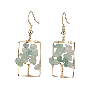 Natural Green Aventurine Chips Tree Dangle Earrings, Rectangle Real 18K Gold Plated Brass Drop Earrings with 304 Stainless Steel Earring Pins, 44x16.5~17mm