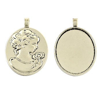 Tibetan Style Alloy Pendant Cabochon Settings, Oval with Woman Portrait on the Reverse Side, Cadmium Free & Nickel Free & Lead Free, Antique Silver, Tray: 40x29mm, 51x32x6mm, Hole: 6x3mm