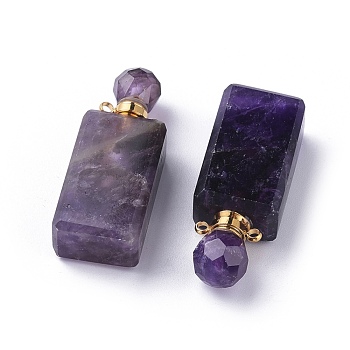Faceted Natural Amethyst Openable Perfume Bottle Pendants, with 304 Stainless Steel Findings, Cuboid, Golden, 42~45x16.5~17x11mm, Hole: 1.8mm, Bottle Capacity: 1ml(0.034 fl. oz)