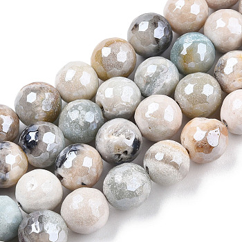 Natural Agate Beads Strands, Pearl Luster Plated, Faceted, Round, Pale Turquoise, 9~10mm, Hole: 1mm, about 37pcs/strand, 14.17 inch~14.57 inch(36~37cm)