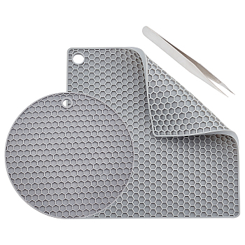 3Pcs 3 Style Flat Round & Square Rubber Hot Mat, with 304 Stainless Steel Beading Tweezers, for Hot Dishes Heat Resistant Heat Insulation Pad Kitchen Tool, Gray, 175~235x175~235x5~6mm, Hole: 12mm, 3 style, 1pcs/style, 3pcs