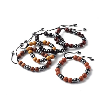 Synthetic Hematite Beads Bracelet for Men Women, Round Wood Braided Bead Bracelet, Mixed Color, Inner Diameter: 2-3/8~3-3/8 inch(5.9~8.5cm)