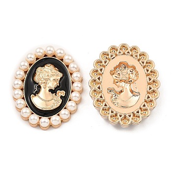 Zinc Alloy Enamel Cabochons, with Plastic Imitation Pearls, Oval with Woman, Light Gold, Black, 53x42x7.5mm