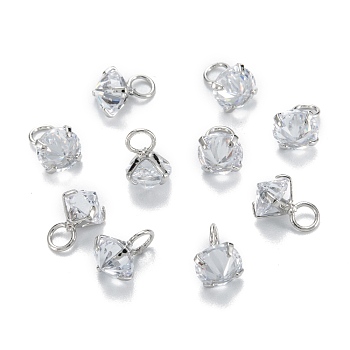 Brass Clear Cubic Zirconia Charms, Long-Lasting Plated, Diamond, Platinum, 7.5x5.5x5.5mm, Hole: 2mm