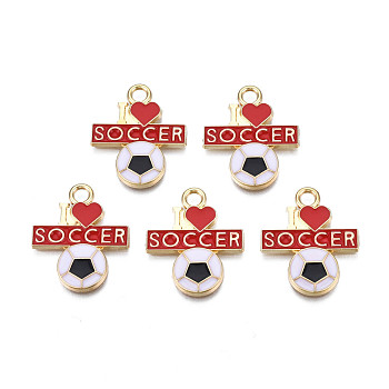 Alloy Enamel Pendants, Cadmium Free & Nickel Free & Lead Free, Light Gold, Football with Word I Love Soccer, Red, 25x21x2mm, Hole: 2.5mm