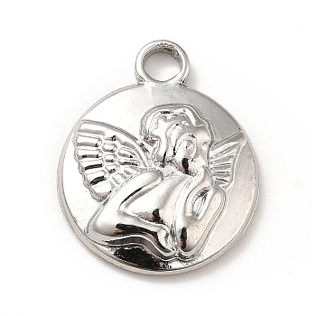 304 Stainless Steel Pendants, Flat Round with Angel, Stainless Steel Color, 19x15x3.5mm, Hole: 2.5mm