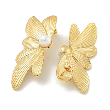 Ion Plating(IP) 304 Stainless Steel & ABS Plastic Pearl Stud Earrings, Polished, Flower, Golden, 60x25mm